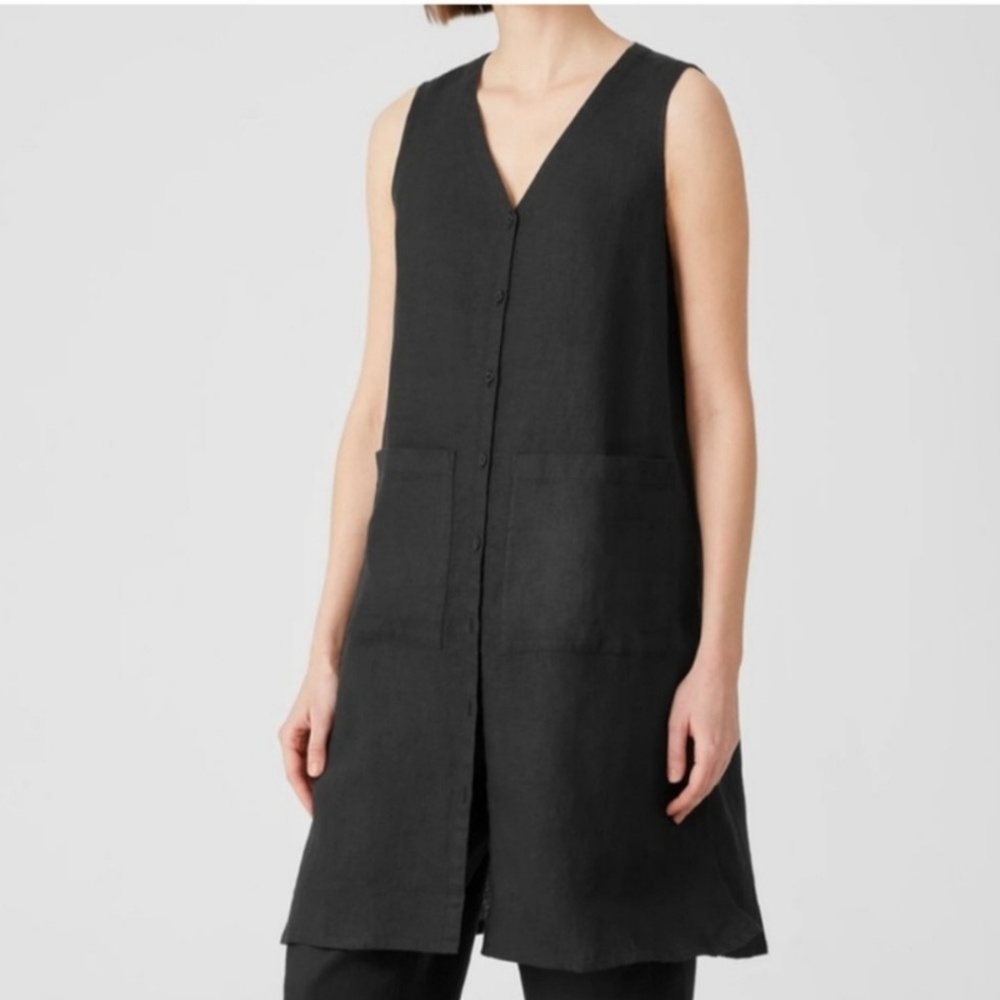 NWT EILEEN FISHER Black Linen Sleeveless Button Front Long Tunic, Size S/P